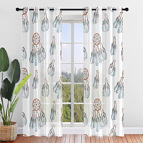 ENEN Voile Curtains for Living Room,2 Piece Voile Curtain,3D Coloured Feathers Long Curtains for Windows & Door,Sheer Curtains Semi Transparent Voile Panel for Room (140x160cm,Blaue Federn) von ENEN