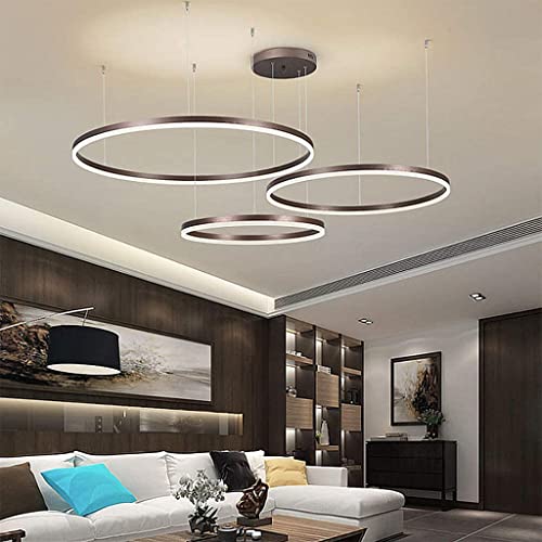 Pendelleuchte LED Esstisch Lampe Mit Fernbedienung Hängeleuchte Dimmbar Höhenverstellbar Kronleuchter Wohnzimmer Pendellampe Metall Ring Acryl Deckenleuchte Esszimmer Hängelampe Küchen,Braun,3 rings von ENXING