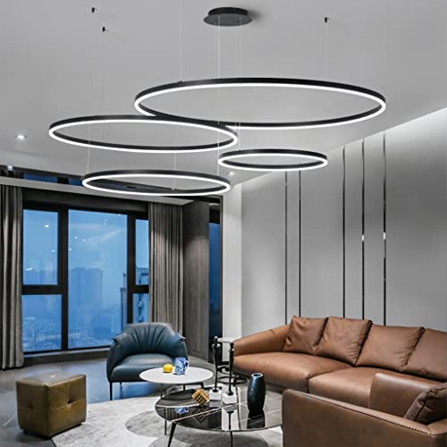 Pendelleuchte LED Esstisch Lampe Mit Fernbedienung Hängeleuchte Dimmbar Höhenverstellbar Kronleuchter Wohnzimmer Pendellampe Metall Ring Acryl Deckenleuchte Esszimmer Hängelampe Küchen,Schwarz,4 rings von ENXING