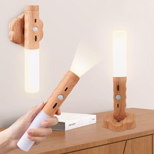 EOEO Holz Akku Wandleuchte mit Bewegungsmelder Kabellos LED Innen Wandlampe USB Aufladbar Bettlampe Tischlampe Magnetische Tragbare Nachtlichte für Schlafzimmer, Flur,Warm Light von EOEO