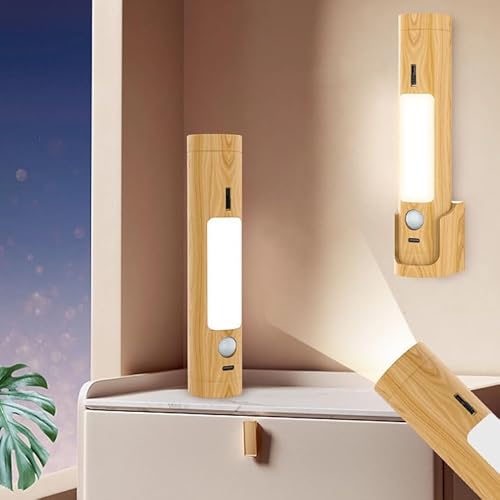 EOEO Innen Holz Wandlampe Akku mit Bewegungsmelder Wandleuchte LED Kabellos Bettlampe Tragbare Nachtlicht Aufladbar Treppelicht für Schlafzimmer, Flur,Warm Light von EOEO