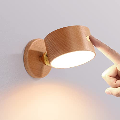 Holz Akku Wandleuchte Dimmbar mit Touch Schalter, Innen LED Wandlampe 4000K Leselampen mit USB ladefunktion, Schlafzimmer Nachttischlampe 360 ° drehbar Tragbare Kabellos Magnetische Lampe,Wood color von EOEO