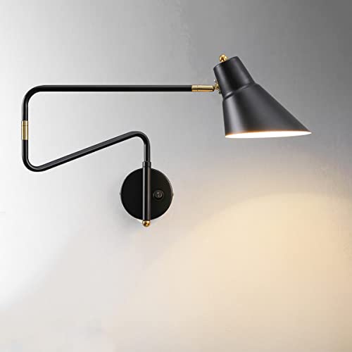 Modern Verstellbar E27 Wandleuchte mit Schalter, Wandlampe Drehbare 360 ° Flexarm Wand-Leselampen, Metall Langer Arm Schlafzimmer Nachttischlampe, Schwenkbar Wandstrahler für Wohnzimmer Büro,Schwarz von EOEO