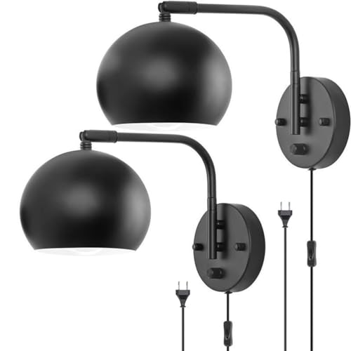 Vintage Verstellbare Wandlampe Dimmbar mit Schalter, Schwarz Metall Wandleuchte Nachttischlampe mit Stecker und Kabel, E27 Retro Industrial Wand Leselampe für Wohnzimmer, Schlafzimmer, Büro,2 pcs von EOEO