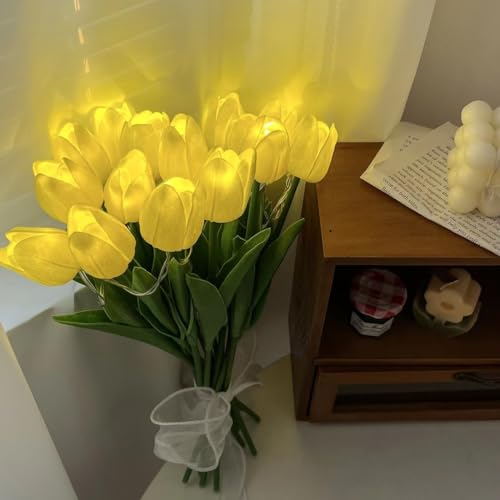 EONANT 10pcs Tulpe künstliche Blumen mit LED-Leuchten, Real Touch Tulip Bouquet, batteriebetrieben Weihnachten Urlaub Hochzeit Fotografie Home Dekoration kreative Geschenke (Gelb, 10PCS) von EONANT