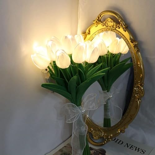 EONANT 10pcs Tulpe künstliche Blumen mit LED-Leuchten, Real Touch Tulip Bouquet, batteriebetrieben Weihnachten Urlaub Hochzeit Fotografie Home Dekoration kreative Geschenke (Weiß) von EONANT
