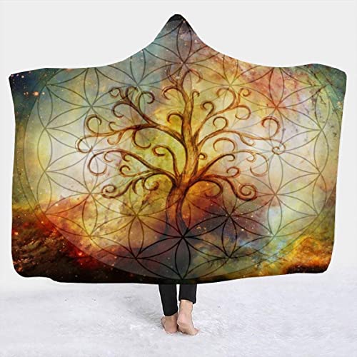 Baum des Lebens Kuscheldecke mit Kapuze,Winter Weich Wohndecke Schlafdecke Sofadecke Plüschdecke Blume des Lebens Printdesign Couchdecke Wearable Decke für Erwachsene Kind130 x 150 cm von ERDONE