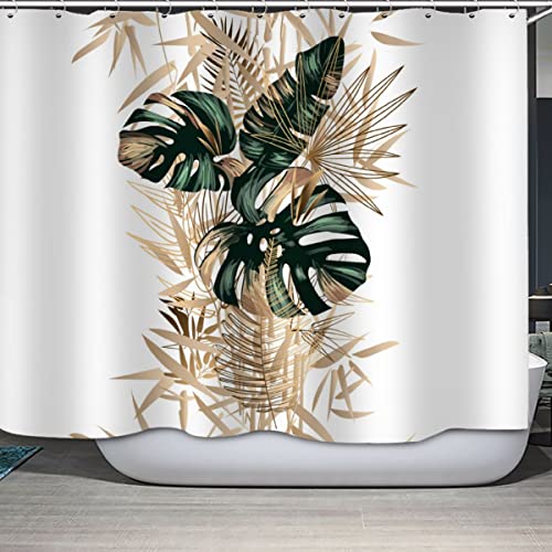 ERDONE Duschvorhänge 240x200 Gold Und Grüne Blätter Duschvorhang Anti-Schimmel Anti-Bakteriell 3D Digitaldruck Waschbar Badewanne Vorhang Polyester Stoff mit 12 Duschvorhangringen Botanisches Muster von ERDONE