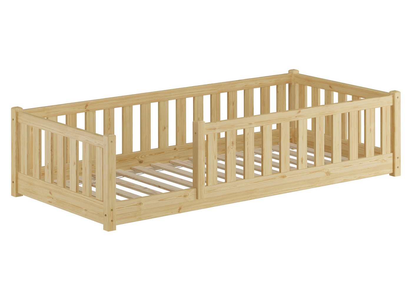 ERST-HOLZ Bett Holzbett, Baby-Bett, Flachbett mit Rundumsicherung Kiefer, Kieferfarblos lackiert von ERST-HOLZ