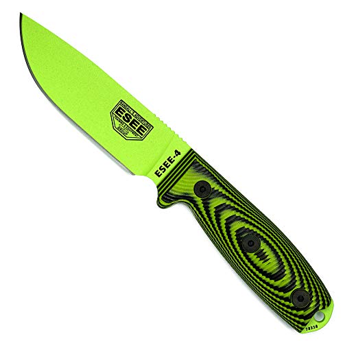 ESEE Model 4 3D, Messer mit Full Tang Klinge aus 1095HC Stahl und gelbgrüner Pulverbeschichtung mit G10 Griff einer Kydexscheide und Gürtelcip, schwarz von ESEE