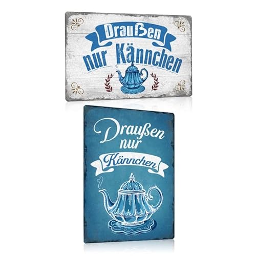 2er Set Retro Blechschilder mit Lustige Spruch - Draußen nur Kännchen - Nostalgie Kaffee Metallschild Bilder für die Küche - Kaffee Schild Poster Wanddeko Geschenk 20x30cm(blau) von ESFIVHO