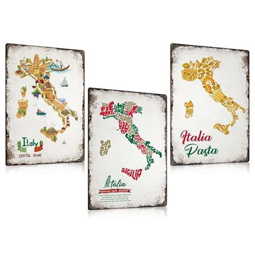 3er Set Blechschilder Retro Italien Pisa Pasta - Vintage Italia Thema Werbeschild - Essen Getränke Metallschilder - Italy Wanddeko Poster Schild Decoration Geschenke 20x30cm von ESFIVHO