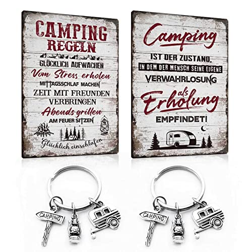 4er Set - Blech-schilder Camping lustig Spruch 20x30cm(2Stücke) - Campingregeln - mit Camping Schlüsselbund Schlüsselring als Metall(2Stücke) - Geschenk-idee für Camper Wohnmobil Wohnwagen von ESFIVHO