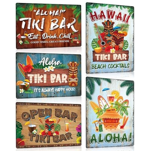 5er Set Blechschild Retro Tiki Bar - Hawaii Beach Cocktails Metallschild - ALOHA - Schild mit Spuch Lustig Witziger Deko Geschenk 20x30cm von ESFIVHO