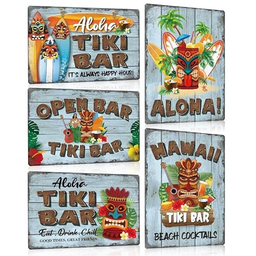 5er Set Retro Blechschild Tiki Bar - ALOHA - Hawaii Beach Cocktails Metallschild - Schild mit Spuch Lustig Witziger Deko Geschenk 20x30cm von ESFIVHO