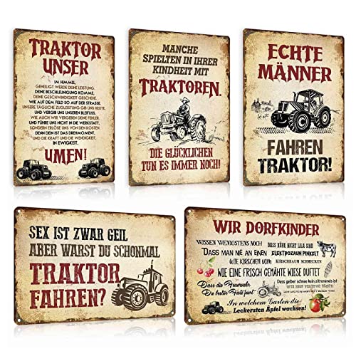 ESFIVHO 5er Set Traktor Blechschilder Retro Sprüche Lustig 20x30cm - Trecker/Traktoren Vintage Schild Metallschild - TRAKTOR UNSER - WIR DORFKINDER - ECHTE MÄNNER FAHREN TRAKTOR - Tin Signs Geschenk von ESFIVHO