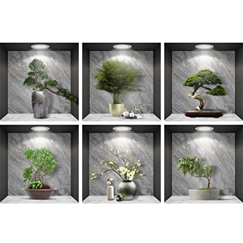 6er Set Wandtattoo 3D Effekt Vase - 3D Wandaufkleber Selbstklebend mit Blumen Grüne Pflanzen Baum Bonsai - Wandsticker Wandbild für Schlafzimmer Wohnzimmer Kinderzimmer Küche Büro 36x36cm von ESFIVHO