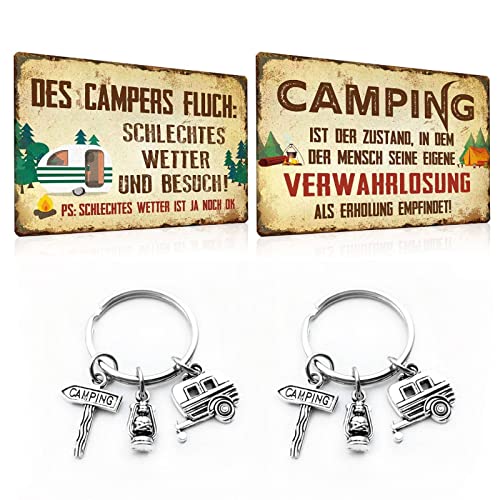 ESFIVHO 4er Set - Blech-schilder Camping lustig Spruch 20x30cm(2Stücke) - Campingregeln - mit Camping Schlüsselbund Schlüsselring als Metall(2Stücke) - Geschenk-idee für Camper Wohnmobil Wohnwagen von ESFIVHO