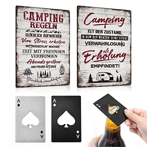 ESFIVHO 4er Set - Blech-schilder Camping lustig Spruch 20x30cm(2Stücke) - Campingregeln - mit Metall Flaschenöffner (2Stücke) - Geschenk-idee für Camper Wohnmobil Wohnwagen von ESFIVHO