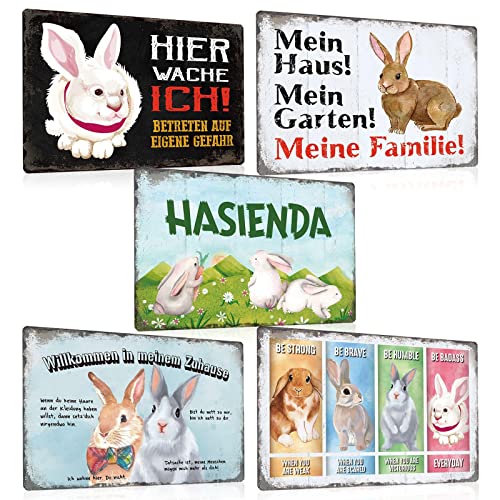 ESFIVHO 5er Set Hase Schild aus Metall 20x30cm - Blechschilder Sprüche Hasen - HASIENDA - Willkommen In Meinem Zuhause - Hier Wache Ich - Wand-schild Deko Geschenk von ESFIVHO