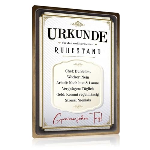 Retro Blechschild Urkunde Ruhestand Lustig 20x30cm - Urkunde für Wohlverdienten Ruhestand - Vintage Metall-schilder mit Witzige Spruch Geschenke Wanddeko von ESFIVHO