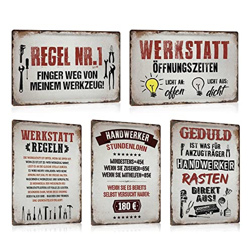 ESFIVHO 5er Set Retro Blechschild Werkstatt Regel Handwerker Lustiger Spruch - Öffnungszeiten Licht - Regel Nr.1 Finger Weg Werkzeug - Geduld ist was für Anzugträger - Garage Metall-schild Geschenk von ESFIVHO