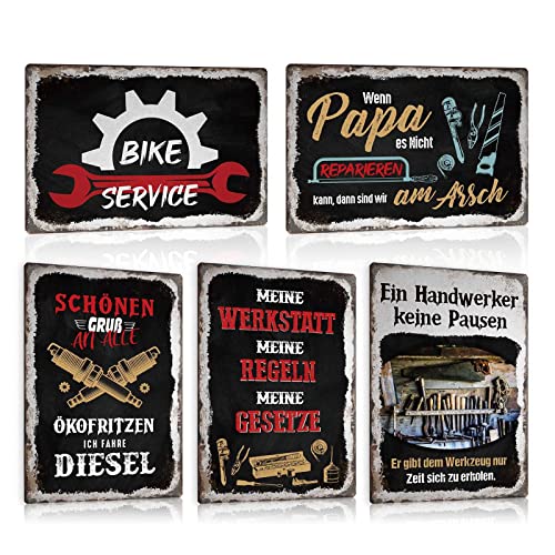 ESFIVHO 5er Set Retro Blechschild Werkstatt Regel Handwerker Lustiger Spruch - Bike Service Fahrrad - Wenn Papa es Nicht reparieren kann - Vintage Garage Wandschild Wanddeko Metall-schild Geschenk von ESFIVHO