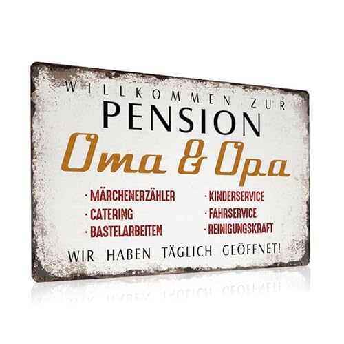 Retro Blechschilder Oma Opa Schild 20x30cm - Metallschilder mit lustig Sprüchen - WILLKOMMEN ZUR PENSION OMA OPA - Geschenkideen für Geburtstag Großeltern Rentner Senioren Enkelkinder lieben.w2 von ESFIVHO