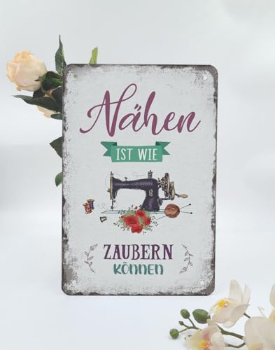 Retro Nähen Blechschild mit Spruch 20x30cm - NÄHEN IST WIE ZAUBERN KÖNNEN - Retro Nähmaschine Schild mit Nadel Faden - Nähzubehör Wanddeko Geschenk für Nähzimmer Nähbegeisterte von ESFIVHO