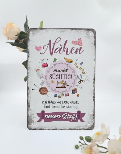 Retro Nähen Blechschild mit Spruch 20x30cm - NÄHEN MACHT SÜGHTIG - Retro Nähmaschine Schild mit Nadel Faden - Nähzubehör Wanddeko Geschenk für Nähzimmer Nähbegeisterte von ESFIVHO