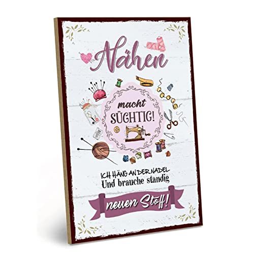 ESFIVHO Nähen Schild Vintage Deko Geschenk für Näherin - Holzschild mit Spruch - Nähen Macht süchtig! - Nähmaschine Holzbild Dekoration - zum Thema Nähzeug, Nadel und Faden 20x30cm von ESFIVHO