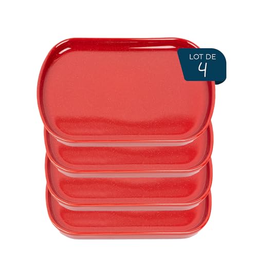 ESPRIT DE CUISINE - 4 längliche Teller aus Keramik – elegantes Design – kratzfest – robust und langlebig – leicht zu reinigen – hergestellt in Frankreich – 26 cm – Rot gesprenkelt von Esprit de Cuisine