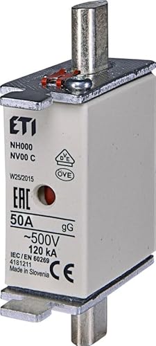 ETI NH Sicherungseinsatz NH000 gG 500V Frontanzeige Kombimelder - 3 Stück (NH000-50A) von ETI