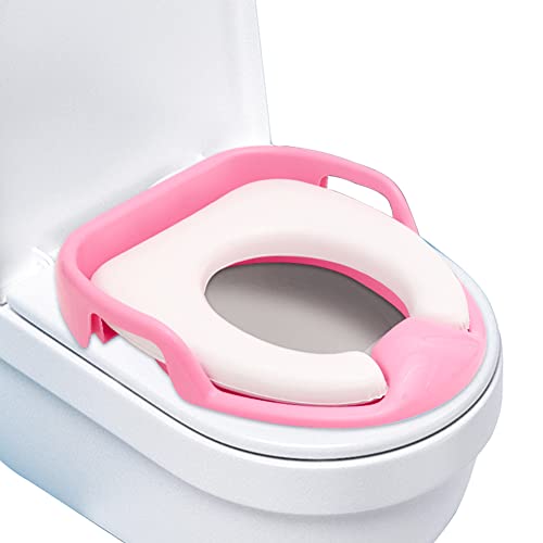 Kinder Toilettensitz Töpfchen Training Universeller, EUBSWA Toilettensitz Toilettentrainer WC Training Sitze mit Weichen Kissen Sicherheitsgriffe für Jungen und Mädchen von 1-7 Jahre (Rosa) von EUBSWA