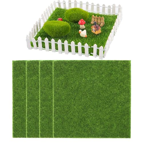 EUIOOVM 4 PC Kunstrasenteppich, 15 x 15cm Kunstrasen Miniatur Moos, Künstliche Moos Deko, Kunstrasen Teppich für den Innen und Außenbereich, Rasen, Garten, Miniatur-Ornament von EUIOOVM