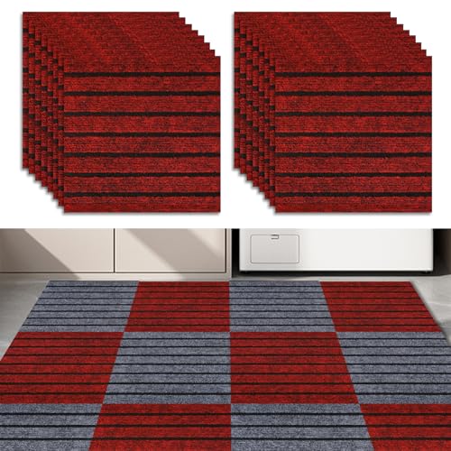 Teppichfliesen, 24 Stück 30 x 30 cm Strapazierfähiger Teppich Bodenbelag, Teppichfliesen selbstklebend und zuschneidbar für Bettzimmer, Küche, Wohnzimme (Rot) von EUNEWR