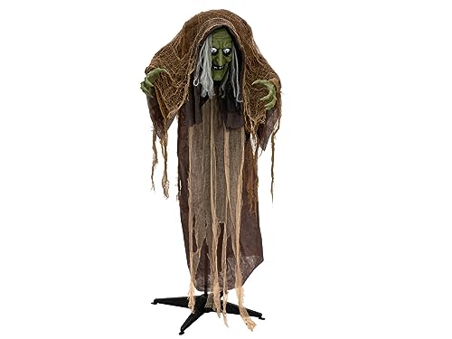 EUROPALMS Halloween Figur Hexe buckelig, animiert, 145cm | Animierte Figur mit Licht- und Soundeffekt (Batterie- & USB-Betrieb) von EUROPALMS