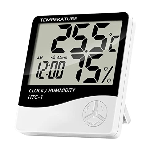 EUROXANTY Digitales Hygrometer- und Thermometer-Gerät mit Uhr | elektronisches Feuchtigkeitsmessgerät mit LCD-Bildschirm | Batteriebetriebenes Feuchtemessgerät zum Innenbereich-Einsatz von EUROXANTY