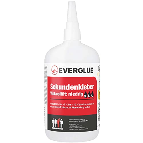 EVERGLUE Sekundenkleber dünnflüssig für präzises Kleben und schnelle Reparaturen - extra stark schnelltrocknend und flüssig ohne Nachtropfen Sekundenkleber niedrigviskos 500g von EVERGLUE