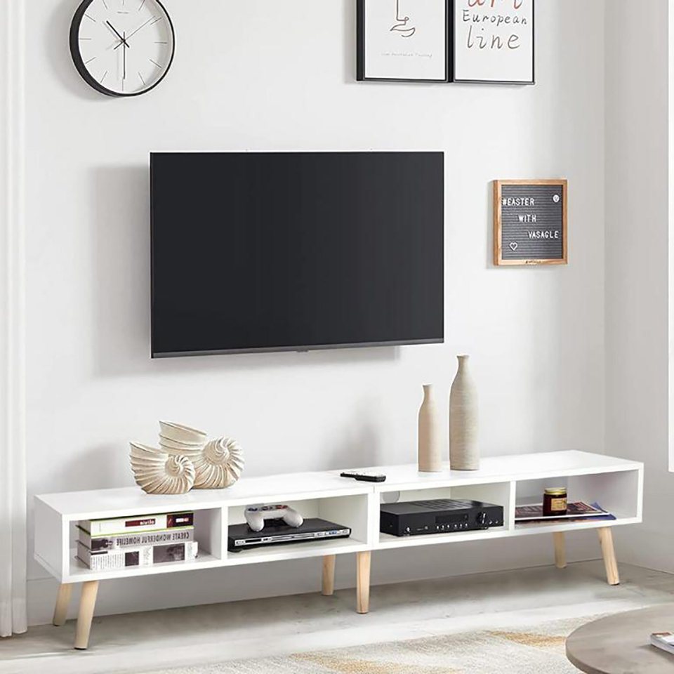 EVERY Lowboard Sideboard TV Board Regal Fernsehtisch Weiß, Breite 150 cm, mit Kabeldurchführung, 4 offene Fächer, stehend von EVERY