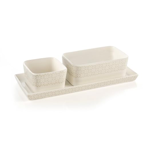 EVVIVA COMPANY SRL Servierteller mit 2 Schalen aus geprägtem Porzellan – Servieren von Vorspeisen, Saucen, Snacks und Desserts mit Stil und Eleganz, Tablett 32 x 12,5 x 2,5 cm – Kollektion Sevilla von EVVIVA COMPANY SRL