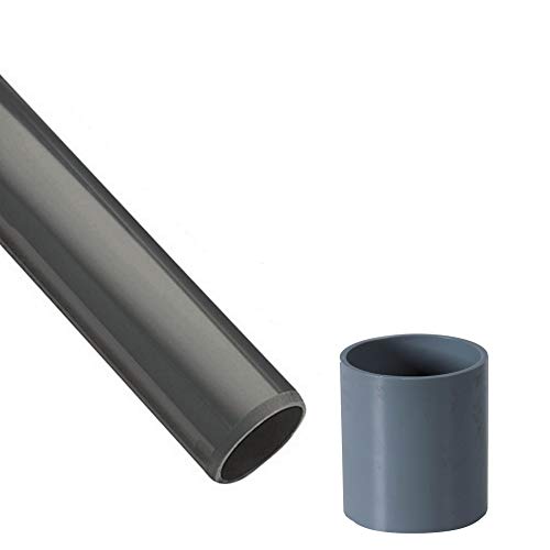 PVC Rohr (B-Ware) mit Rohrmuffe Ø63mm ohne Winkel, Kniestück, Muffen, T-Stück, Kappen Fittings (1m Rohr 63mm + Muffe) von EXCOLO