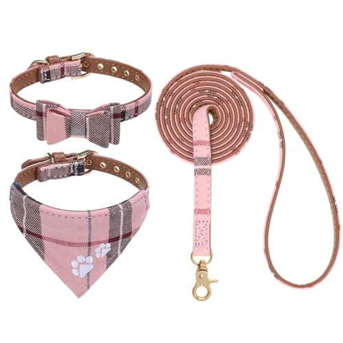 EXPAWLORER Hundehalsband-Set mit Stickerei, Pfotenabdrücke, kariert, verhedderungsfrei, Fliege und Bandana-Halsband mit Glöckchen, verstellbares Halsband-Set für Hunde, Katzen, Spaziergänge im Freien, von EXPAWLORER