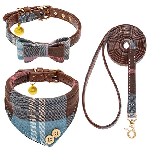 EXPAWLORER Hundehalsband mit Leine - Einstellbarer Hundehalsband mit Tuch Fliege und haltbarer weicher Hundeleine, moderner Halsband und Leine Set für Katze kleine mittelgroße große Hunde, Blau XS von EXPAWLORER