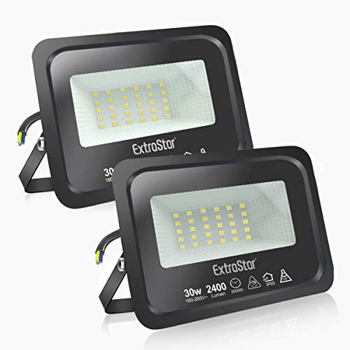 EXTRASTAR 30W LED Strahler, Superhell Led Strahler Außen, IP65 Wasserdicht LED Fluter, 6500K Warmweiß Scheinwerfer Flutlicht，strahler außen 2 Stücke von EXTRASTAR