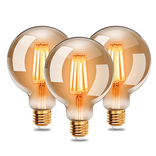 EXTRASTAR Edison Vintage Glühbirne, G95 E27 LED Filament Lampe, 6W Ersetzt 48W Glühlampe, 540 LM, 2200K Warmweiß, Amber Glas, Nicht Dimmbar, 3 Stück von EXTRASTAR
