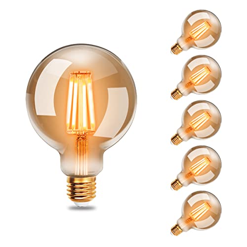 EXTRASTAR Edison Vintage Glühbirne, G95 E27 LED Filament Lampe, 6W Ersetzt 48W Glühlampe, 540 LM, 2200K Warmweiß, Amber Glas, Nicht Dimmbar, 6 Stück von EXTRASTAR