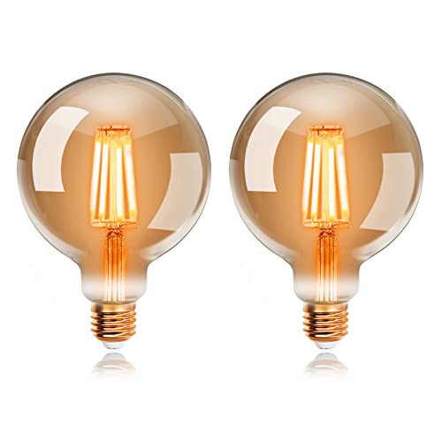 EXTRASTAR Edison Vintage Glühbirne, G95 E27 LED Filament Lampe, 95mm Durchmesser, 4W Ersetzt 40W Glühlampe, 400 LM, 2200K Warmweiß, Amber Glas, Nicht Dimmbar, 2 Stück von EXTRASTAR