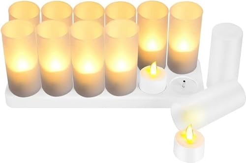 EXTSUD 12er LED Flammenlose Kerzen,Wiederaufladbare Kerzen, Batteriebetriebene Kerzen Kabellose Teelichter LED-Weihnachtskerzen Kerzenlichter Led Wachskerzen Mit Ladestation(Ohne Netzteil) von EXTSUD
