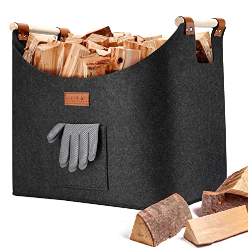 Ezilif Kaminholzkorb, Faltbar Holzkorb für Kaminholz Groß, Filztasche aus Extradickem Filz, Filzkorb für Feuer Kamin Brennholz, Kaminholztasche als Einkaufskorb Einkaufstasche 45 x 32 x 40 cm, Grau von Ezilif